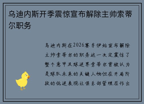 乌迪内斯开季震惊宣布解除主帅索蒂尔职务